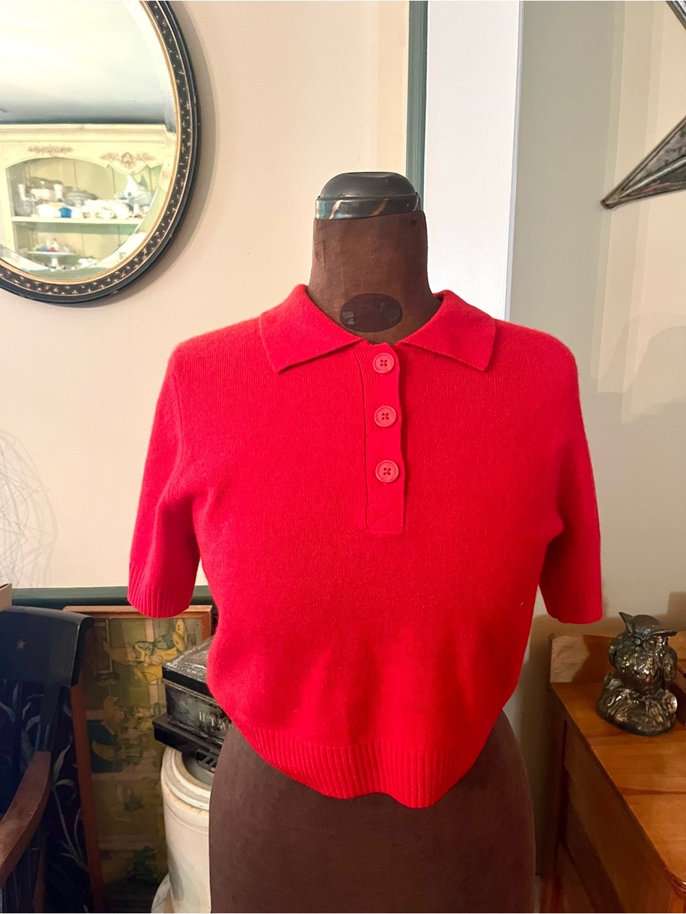 100% Cashmere Preppy Bright Red Short Sleeve Polo Sweater